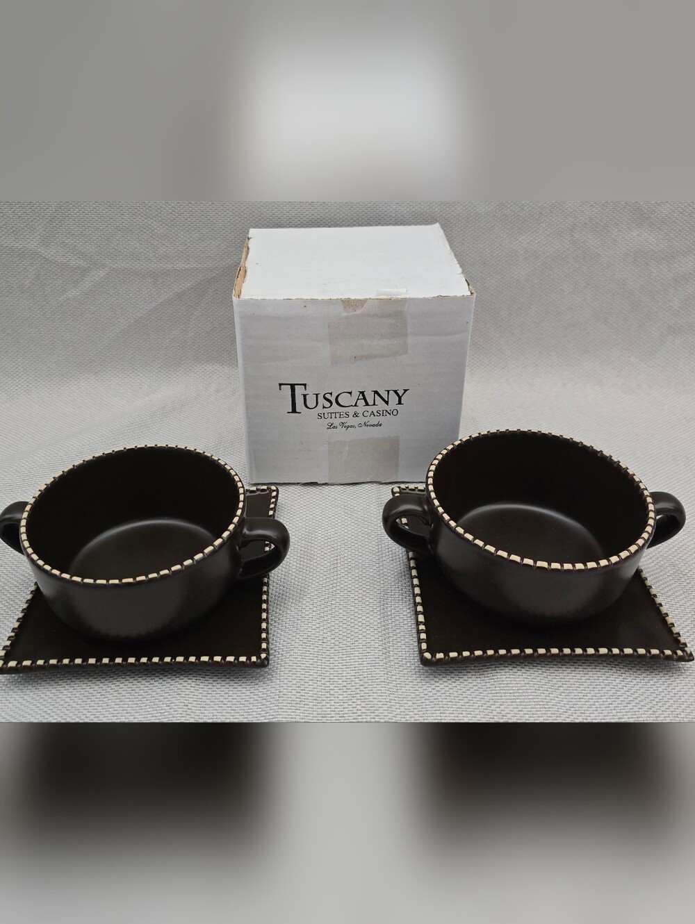 Set of 2 - Notched Edged - Double Handled Coffee Soup Mug & Matching 5” Saucers